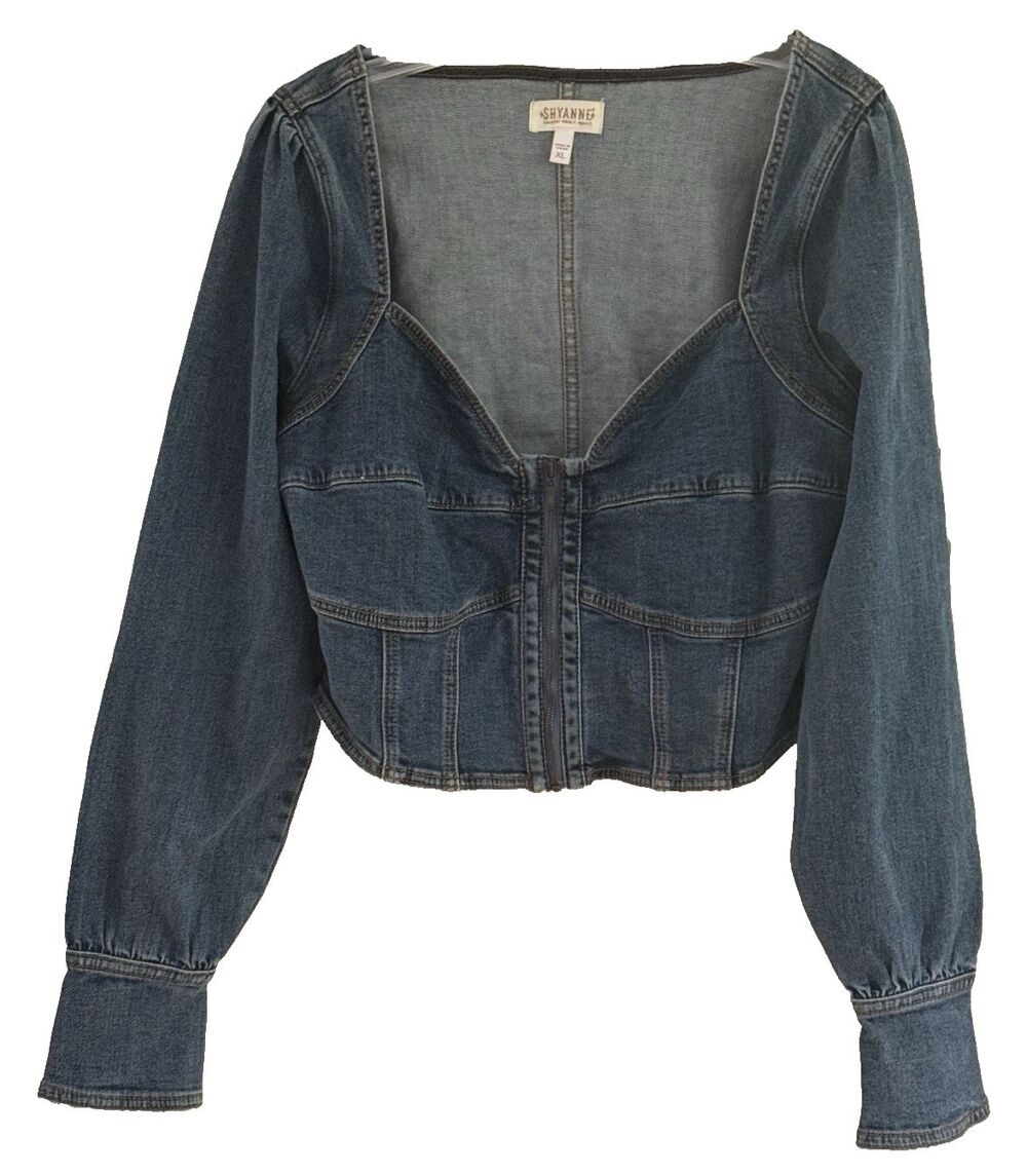Shyanne Women's Corset Blue Denim Med. Wash Cropped Zip Front Top XL Long Sleeve